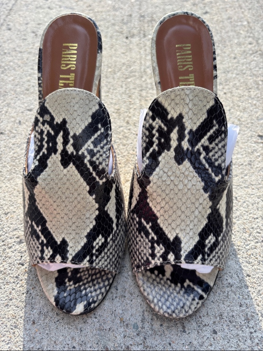 Paris Texas Snake-Print Slide Mules in Black and Cream